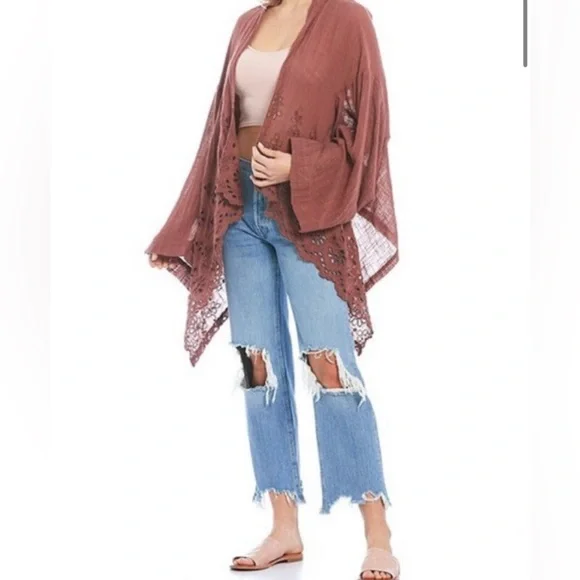 FREE PEOPLE Amaira Kimono gauze M/L Floral $128 Lace Trim Open Front Cardigan - Picture 2 of 12